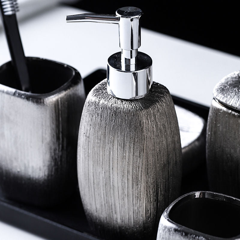 Five-Piece Silver Ceramic Bathroom Set - Eco-Friendly Home Storage