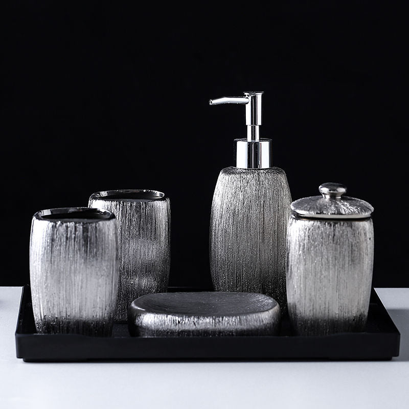 Five-Piece Silver Ceramic Bathroom Set - Eco-Friendly Home Storage