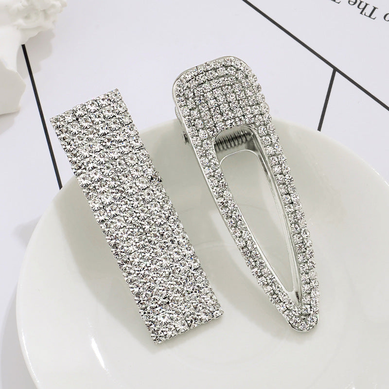 Full Rhinestone Hairpin Water Drop & Square Style Hair Accessory - Large Clip
