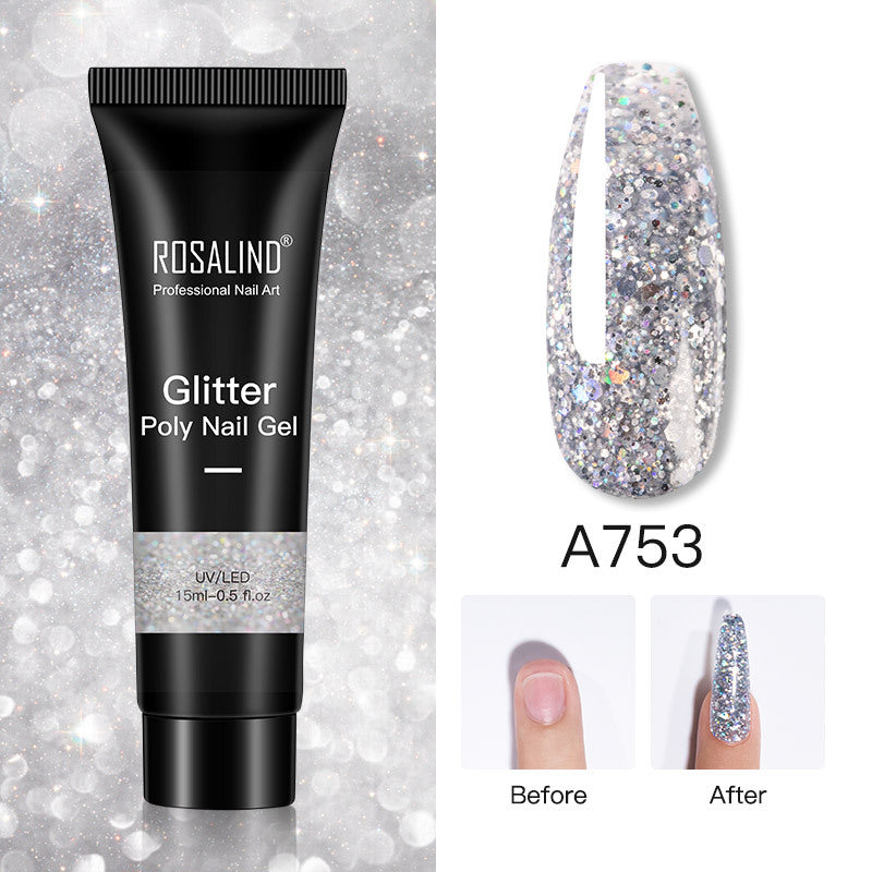 Glitter Poly Nail Gel Extension 15ml for Manicure, UV/LED Curing, All Colors