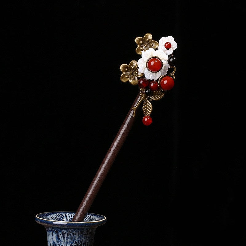 Ethnic Style Wooden Hairpin - Handmade Hair Accessory in Brown