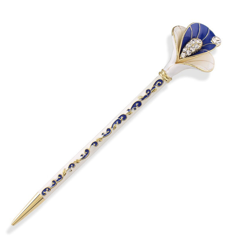 Vintage Alloy Hairpin - Blue & White Porcelain Flower