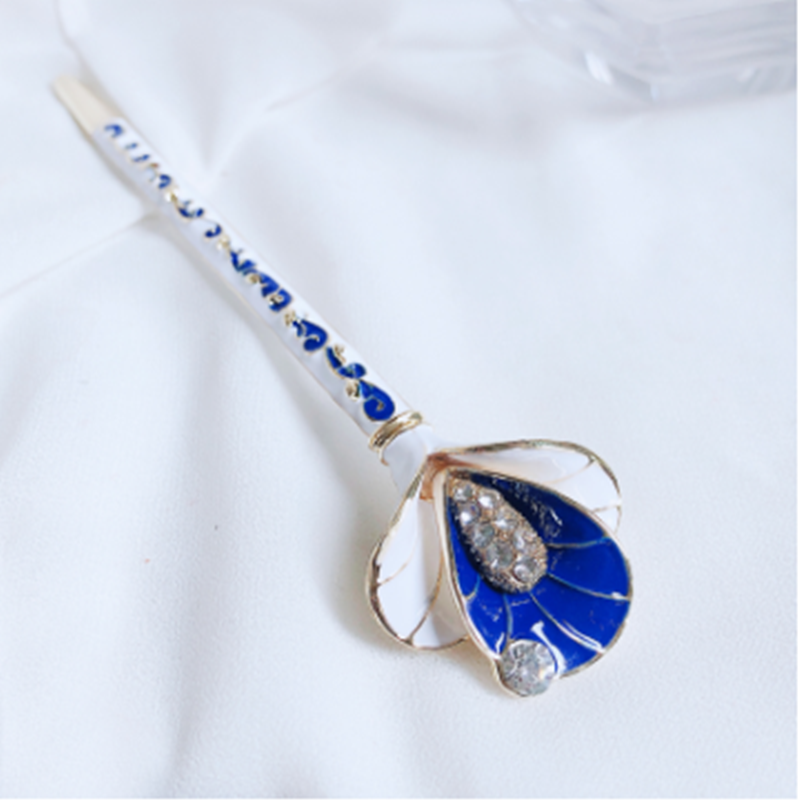 Vintage Alloy Hairpin - Blue & White Porcelain Flower