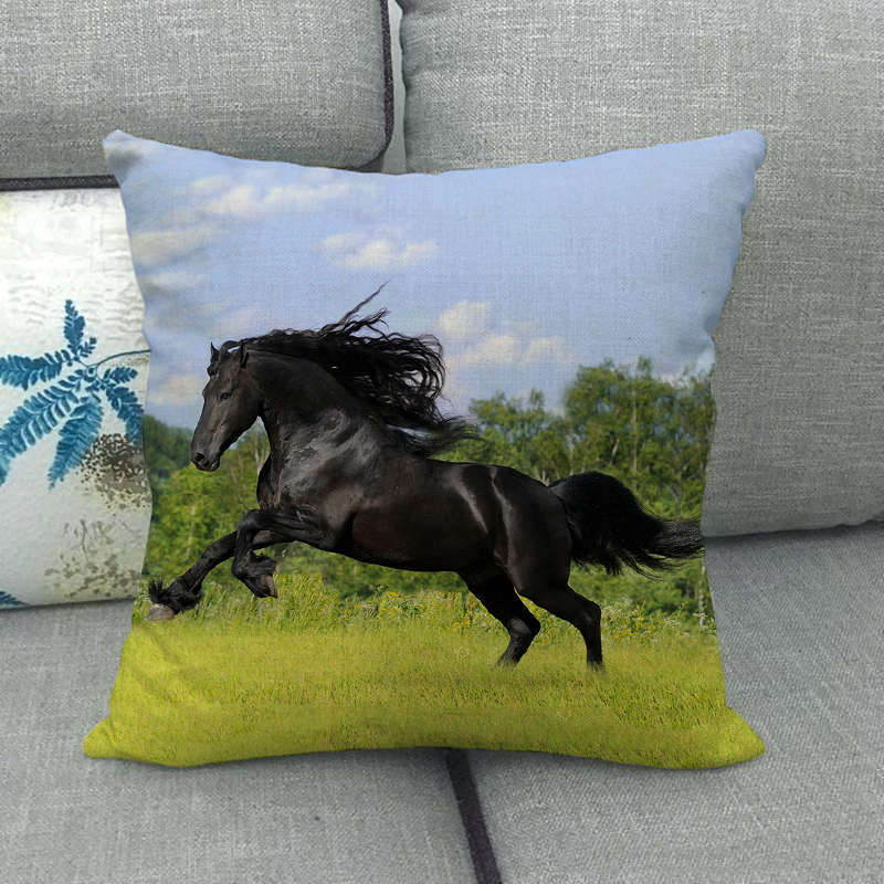 Flax Pillowcase - 45x45 cm Digital Printed Horse Pattern, Linen Cushion Cover