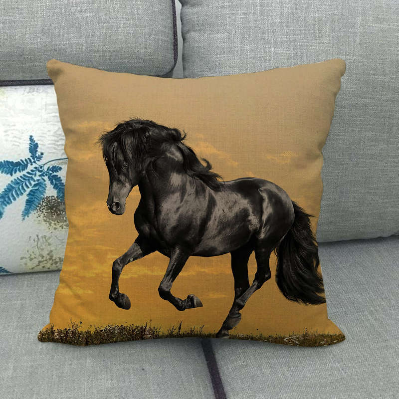 Flax Pillowcase - 45x45 cm Digital Printed Horse Pattern, Linen Cushion Cover
