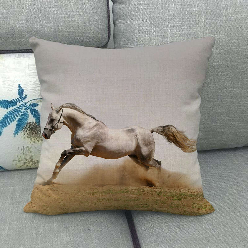 Flax Pillowcase - 45x45 cm Digital Printed Horse Pattern, Linen Cushion Cover