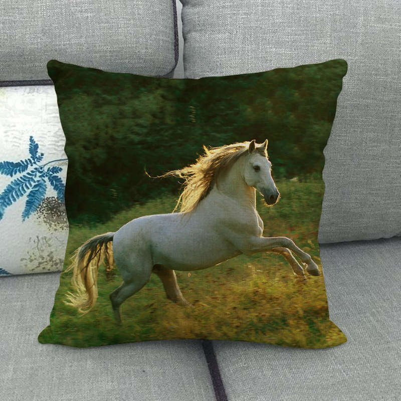 Flax Pillowcase - 45x45 cm Digital Printed Horse Pattern, Linen Cushion Cover