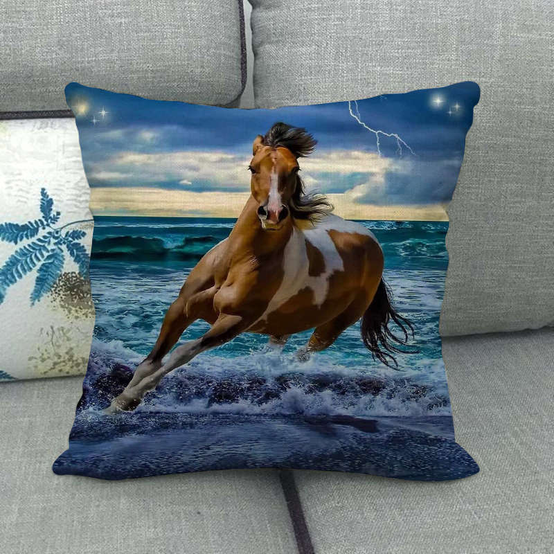 Flax Pillowcase - 45x45 cm Digital Printed Horse Pattern, Linen Cushion Cover