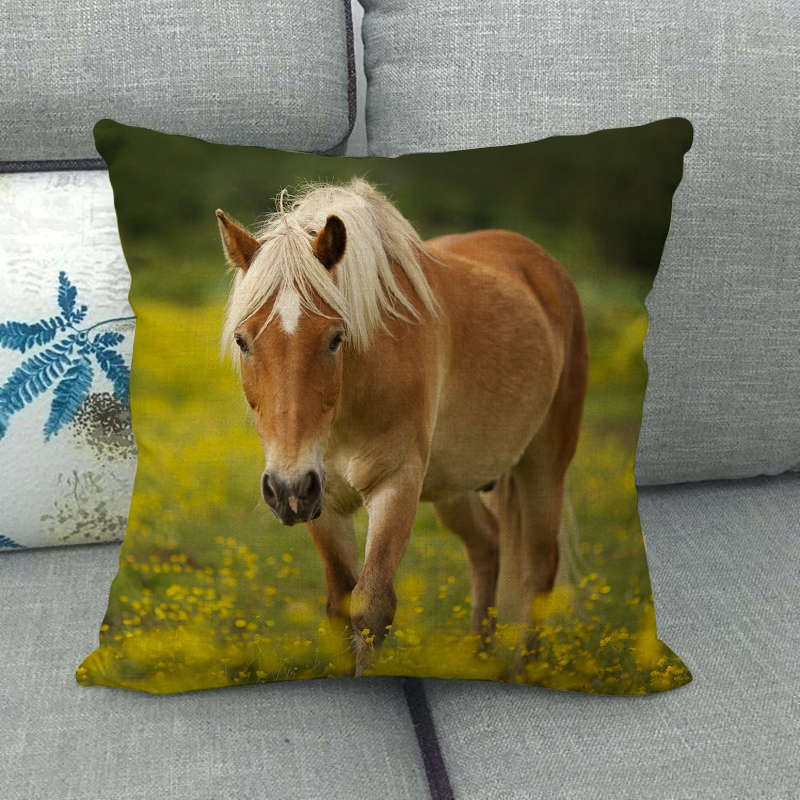 Flax Pillowcase - 45x45 cm Digital Printed Horse Pattern, Linen Cushion Cover