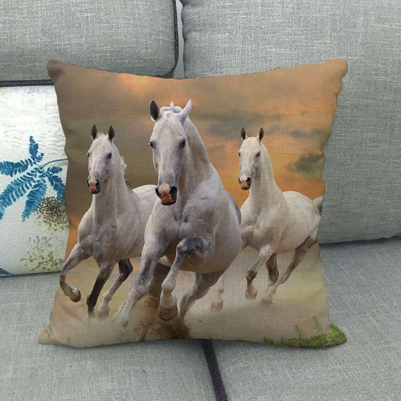 Flax Pillowcase - 45x45 cm Digital Printed Horse Pattern, Linen Cushion Cover