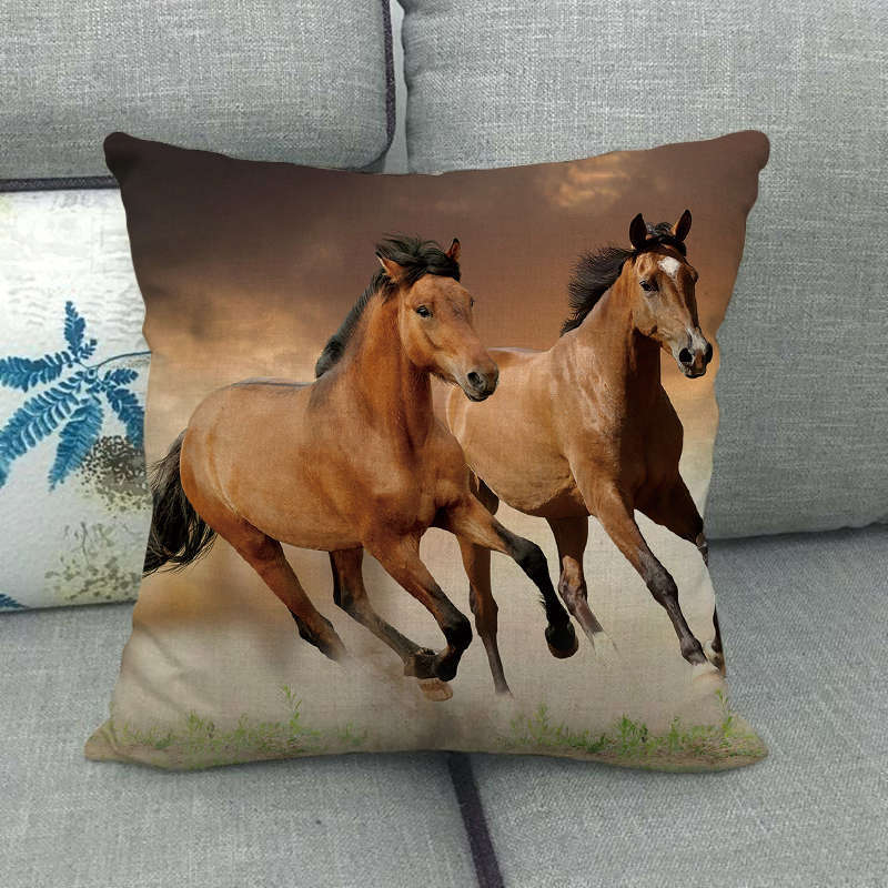 Flax Pillowcase - 45x45 cm Digital Printed Horse Pattern, Linen Cushion Cover