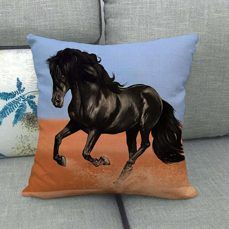 Flax Pillowcase - 45x45 cm Digital Printed Horse Pattern, Linen Cushion Cover