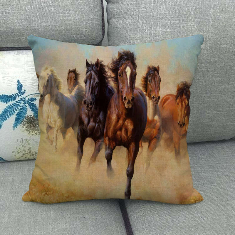 Flax Pillowcase - 45x45 cm Digital Printed Horse Pattern, Linen Cushion Cover