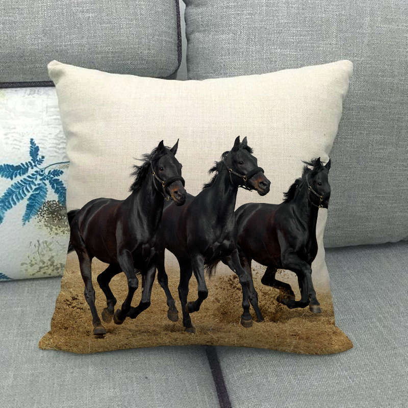 Flax Pillowcase - 45x45 cm Digital Printed Horse Pattern, Linen Cushion Cover