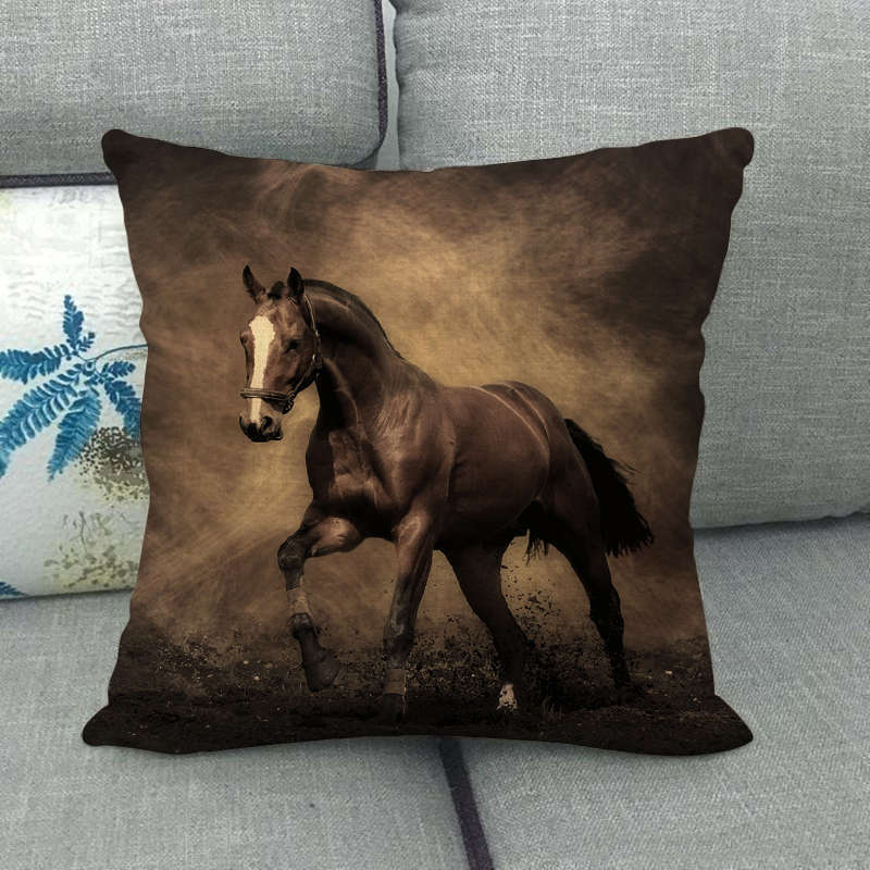Flax Pillowcase - 45x45 cm Digital Printed Horse Pattern, Linen Cushion Cover