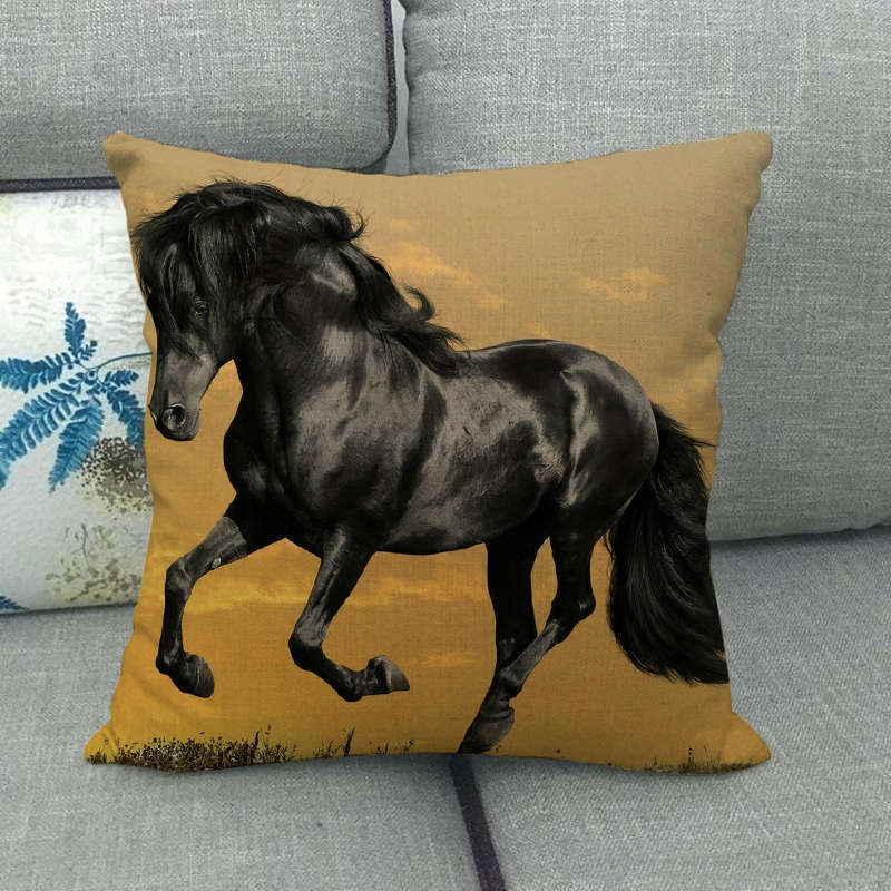 Flax Pillowcase - 45x45 cm Digital Printed Horse Pattern, Linen Cushion Cover