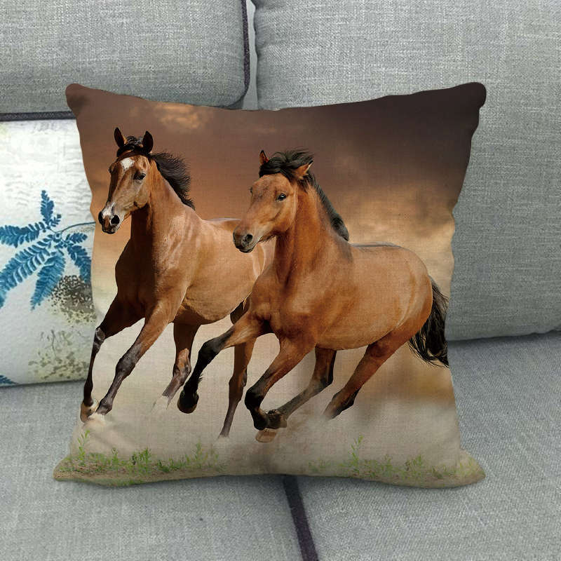 Flax Pillowcase - 45x45 cm Digital Printed Horse Pattern, Linen Cushion Cover