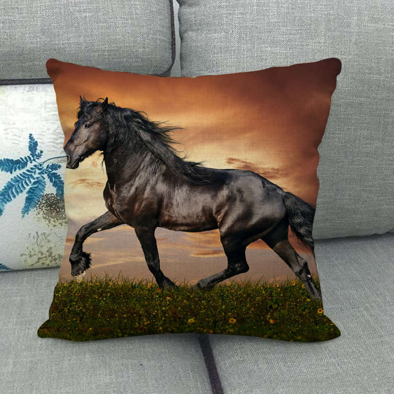 Flax Pillowcase - 45x45 cm Digital Printed Horse Pattern, Linen Cushion Cover