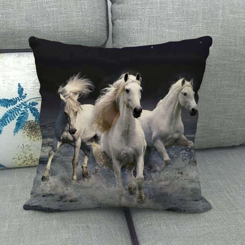 Flax Pillowcase - 45x45 cm Digital Printed Horse Pattern, Linen Cushion Cover