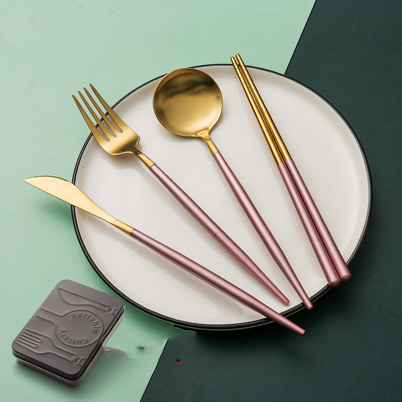 Stainless Steel 4-Piece Tableware Set - Fork, Knife, Spoon & Chopsticks