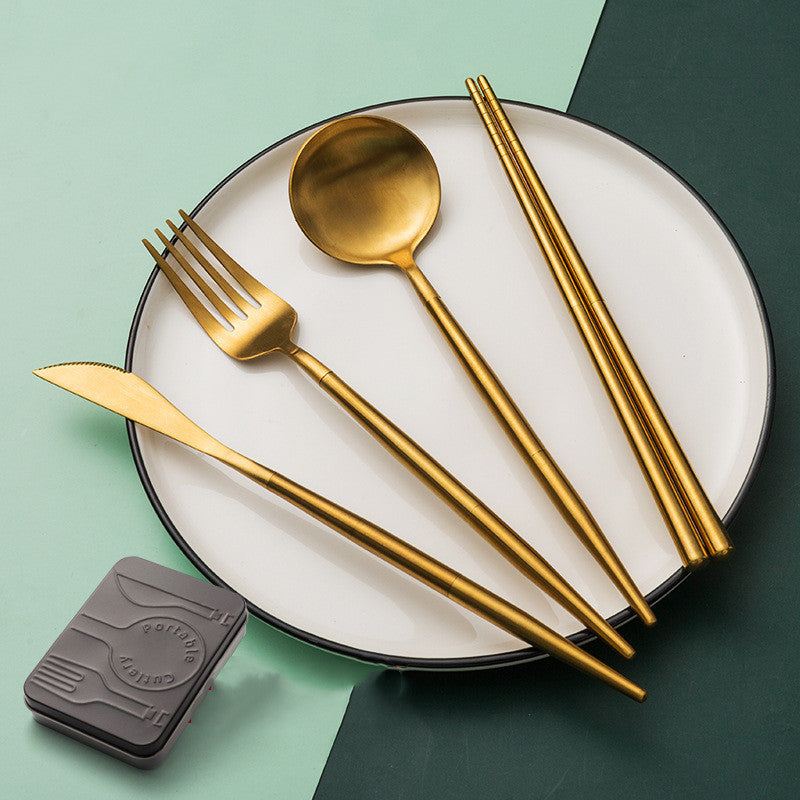 Stainless Steel 4-Piece Tableware Set - Fork, Knife, Spoon & Chopsticks