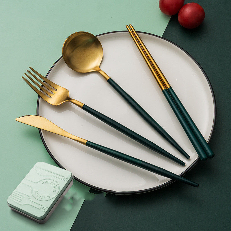 Stainless Steel 4-Piece Tableware Set - Fork, Knife, Spoon & Chopsticks