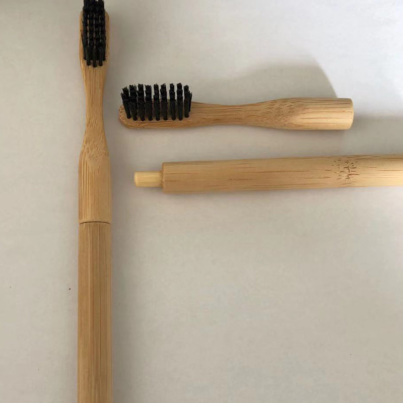 Replaceable Bamboo Toothbrush with Cylindrical Handle - White & Black