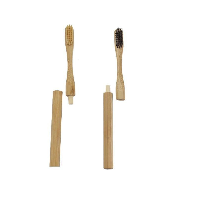 Replaceable Bamboo Toothbrush with Cylindrical Handle - White & Black