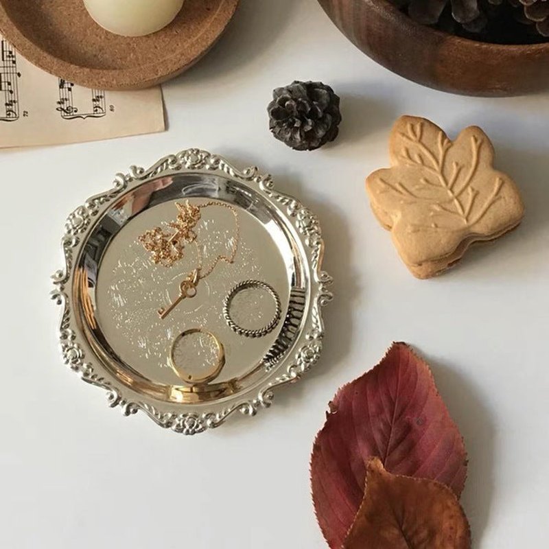 Decorative Jewelry Display Tray for Earrings and Accessories - Round Metal Storage