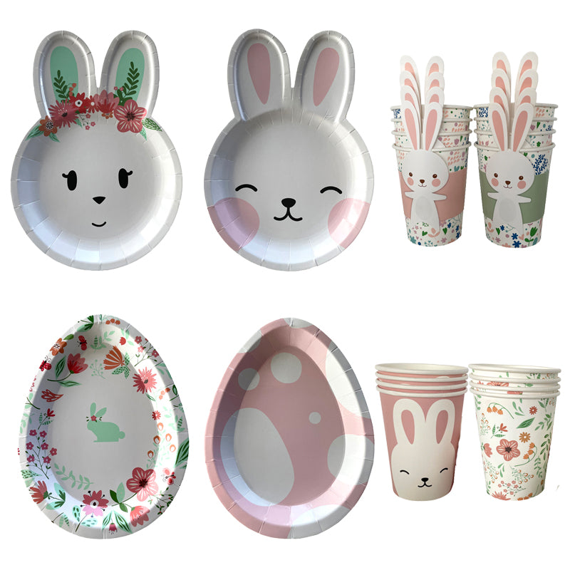 Easter Paper Plates & Cups Party Supplies Set - Bunny & Egg Designs, 8 Pack