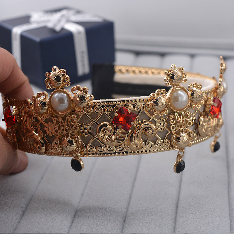 Bridal Lace Headband with Diamonds and Pearls - Gold Crown Accessory