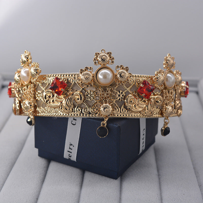 Bridal Lace Headband with Diamonds and Pearls - Gold Crown Accessory