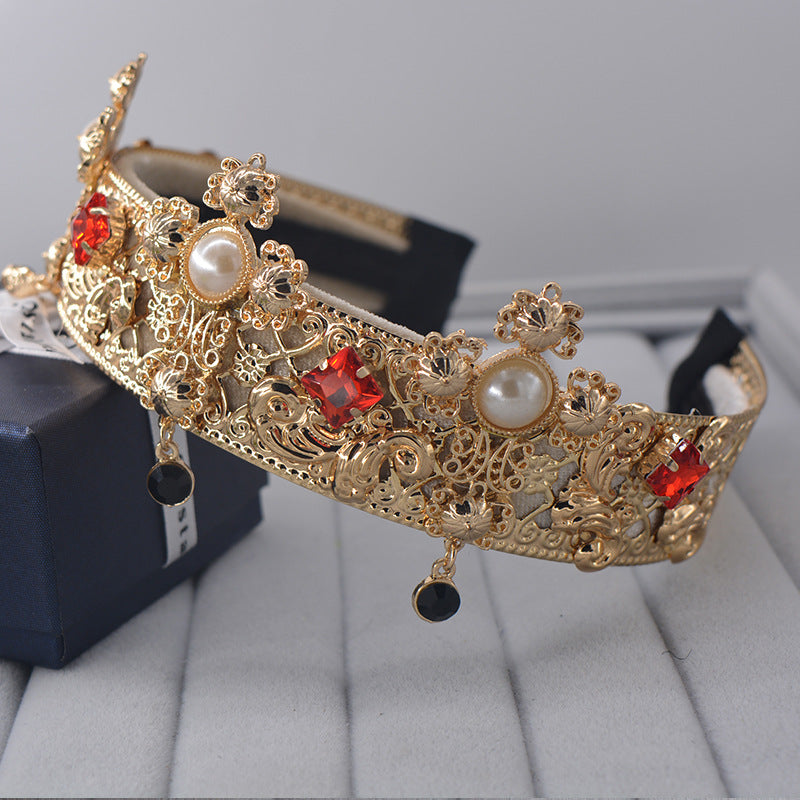 Bridal Lace Headband with Diamonds and Pearls - Gold Crown Accessory