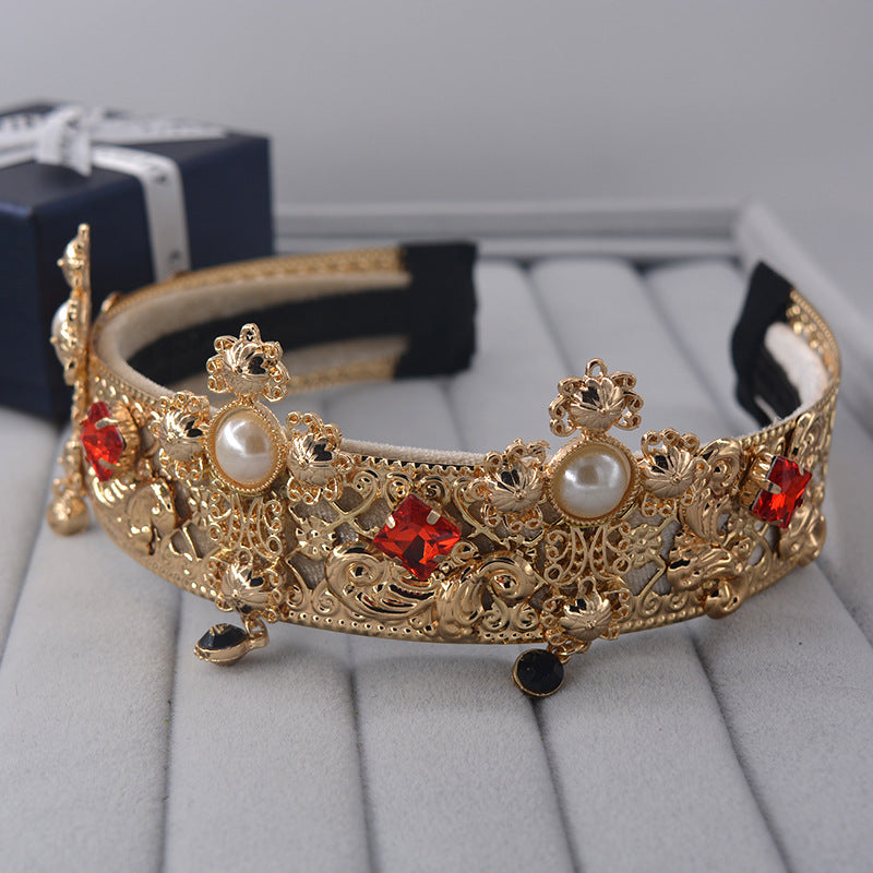 Bridal Lace Headband with Diamonds and Pearls - Gold Crown Accessory