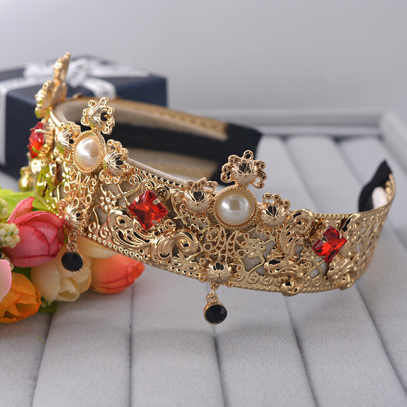 Bridal Lace Headband with Diamonds and Pearls - Gold Crown Accessory