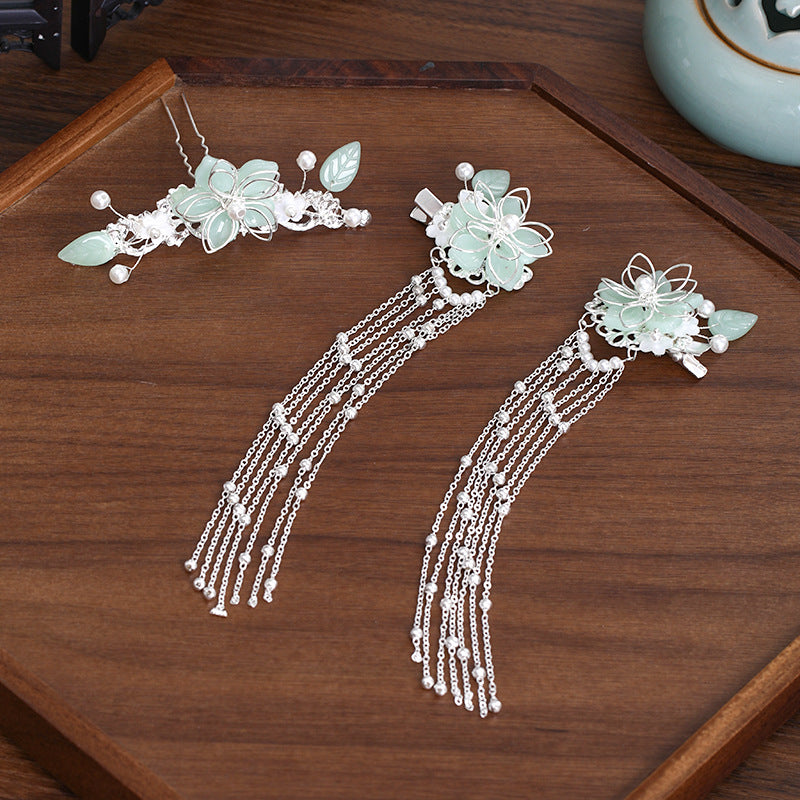 Hanfu Hair Crown Antique Hairpin Headdress Set - Green