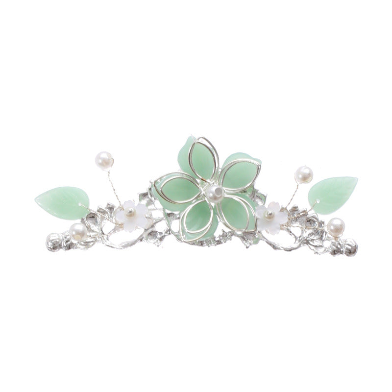 Hanfu Hair Crown Antique Hairpin Headdress Set - Green