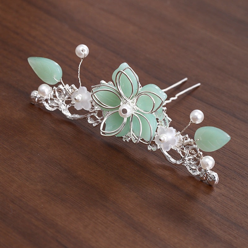 Hanfu Hair Crown Antique Hairpin Headdress Set - Green