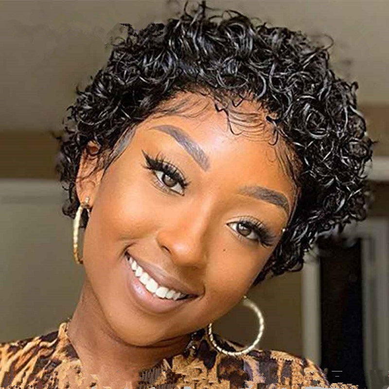 Black Short Curly Wig - Fluffy Exotic Human Hair Style