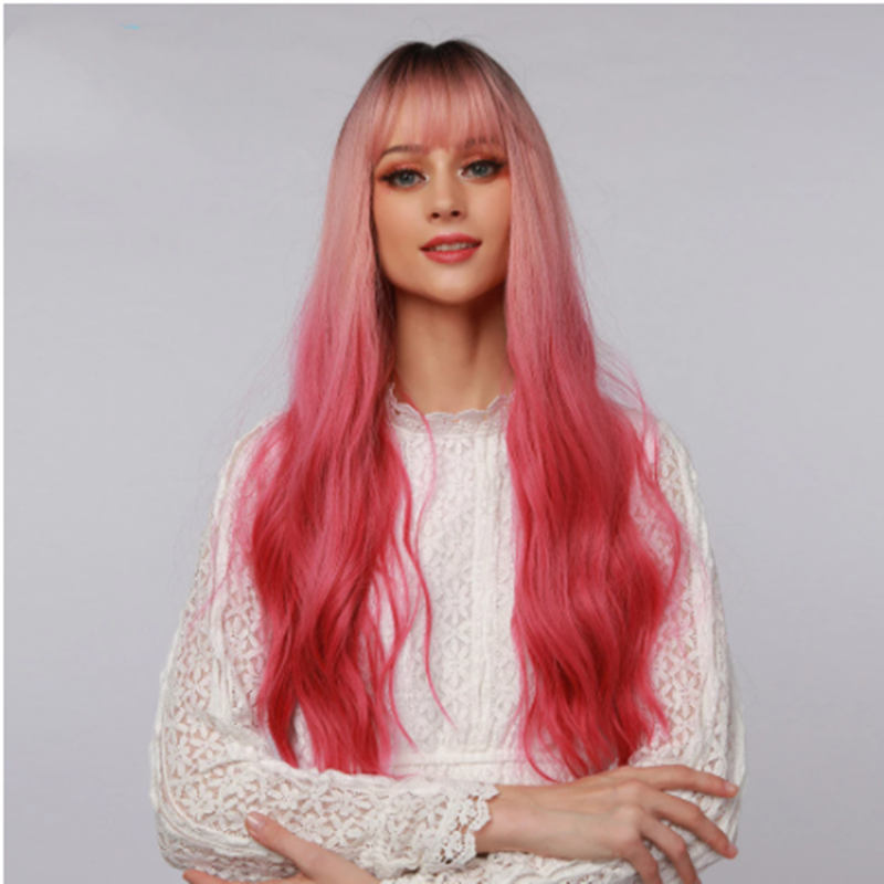 Long Curly Synthetic Wig with Bangs - Red