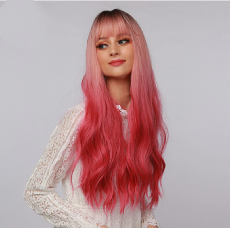 Long Curly Synthetic Wig with Bangs - Red