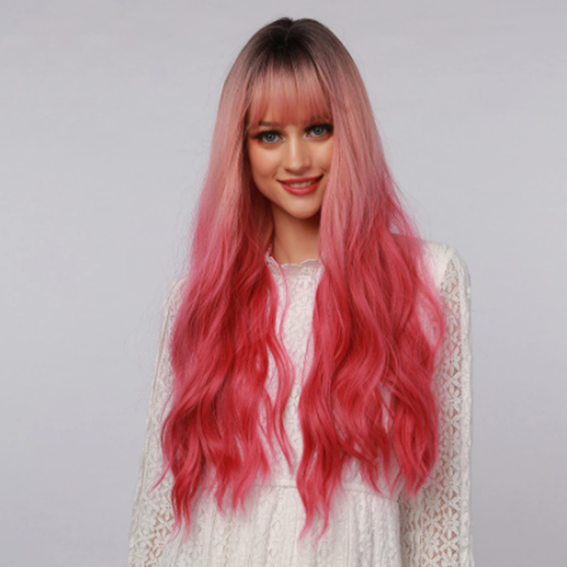 Long Curly Synthetic Wig with Bangs - Red