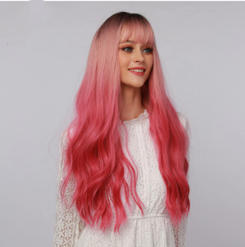 Long Curly Synthetic Wig with Bangs - Red