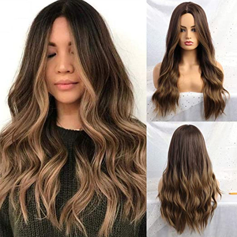 Long Curly Synthetic Wig with Gradient Hair Color and Bangs - Brown, 65CM