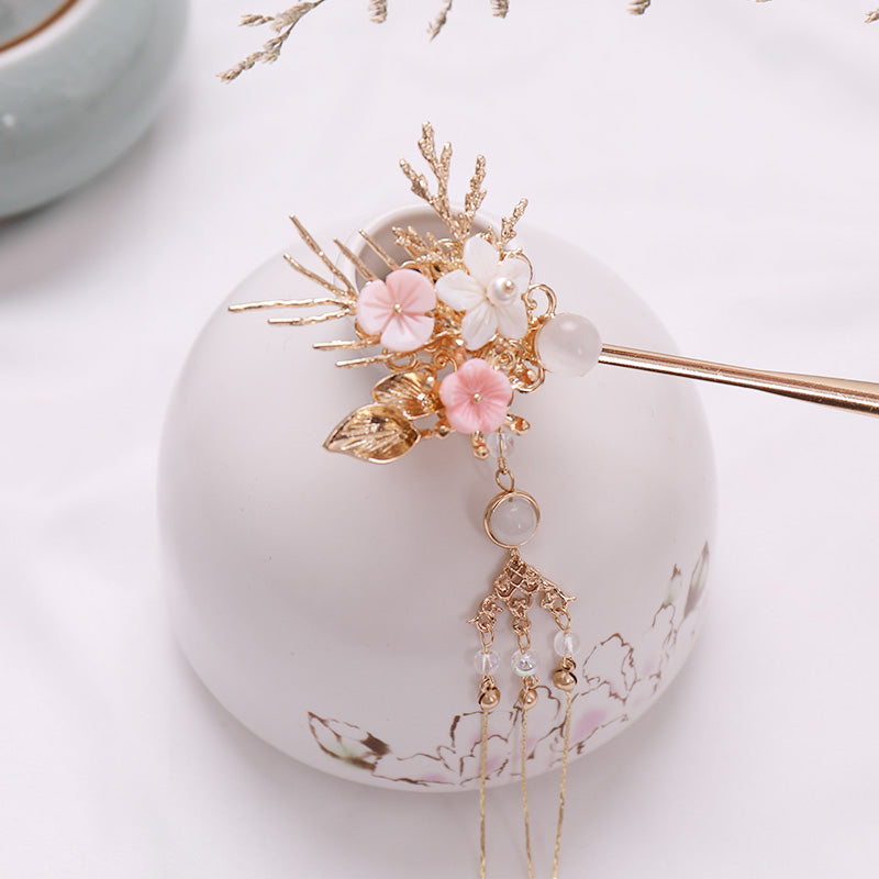 Hanfu Headdress with Hair Sticks & Tassels - Pink