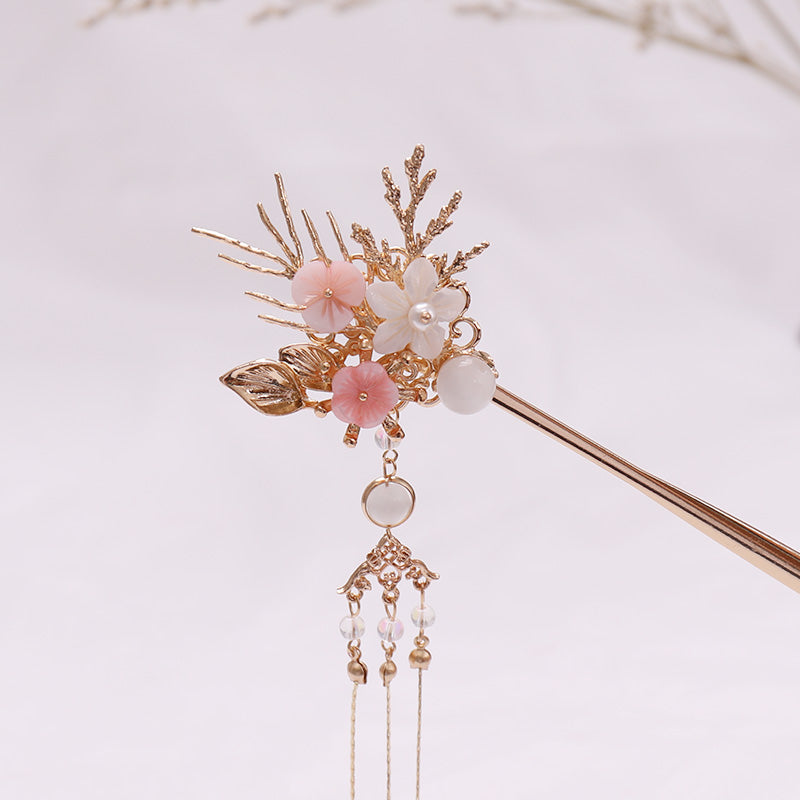 Hanfu Headdress with Hair Sticks & Tassels - Pink