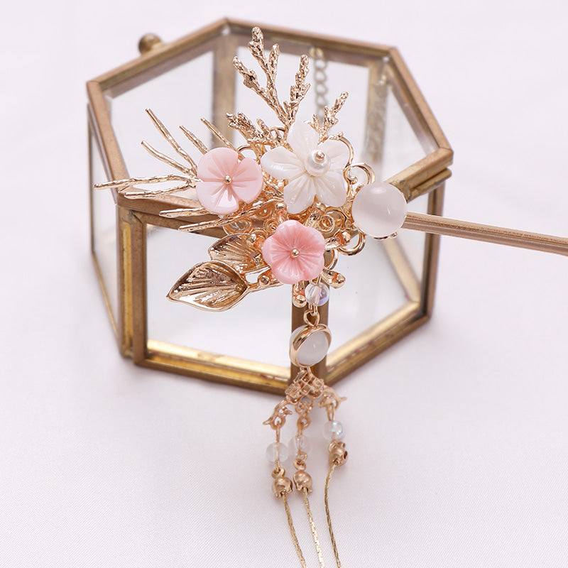 Hanfu Headdress with Hair Sticks & Tassels - Pink