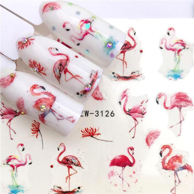 Water Transfer Nail Stickers - Assorted Floral Fruit & Flamingo Designs for Nail Art