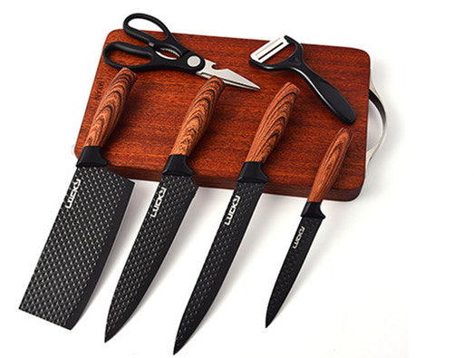 Six-Piece Stainless Steel Kitchen Knife Set with Wooden Handles - Modern & Anti-Rust