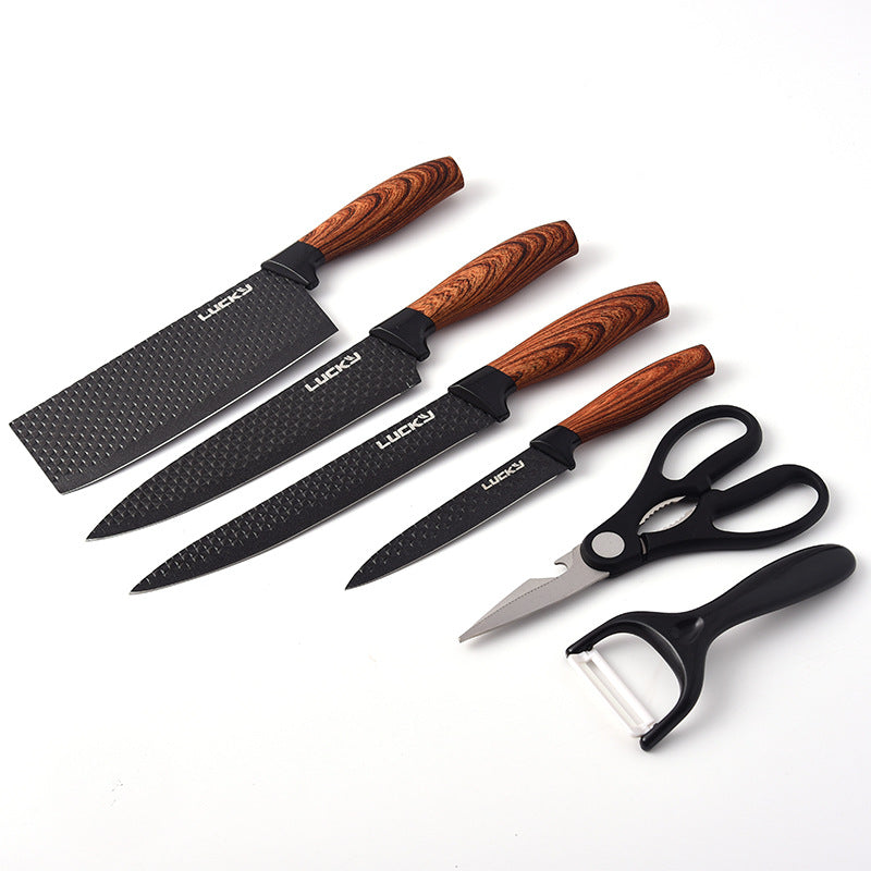 Six-Piece Stainless Steel Kitchen Knife Set with Wooden Handles - Modern & Anti-Rust